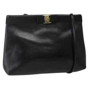 Authentic Salvatore Ferragamo Vala Shoulder Bag Leather Black Gold
